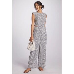 Anthropologie Helena Embroidered Jumpsuit  Size L White and Blue